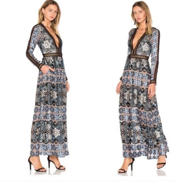 NWT‎ For Love & Lemons Juliet Floral  Lattice Trim A-line Semi Sheer Maxi Dress - Picture 4 of 15